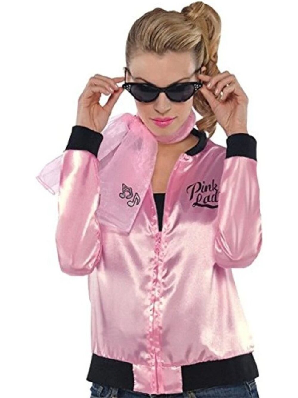 Grease Pink Ladies 50s Style Satin Jacket Scarf Bling Musical Note Costume Cospl